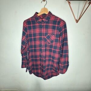 XS Free Press Plaid Flannel Red Navy Button Front Long Sleeve Womens Shirt